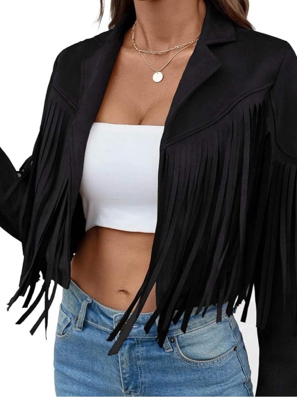 Black Fringe Faux Suede Jacket - Women's Cropped Outerwear